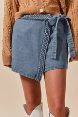 SO ME Wrap Braided Trimmed Denim Skort - Trendsi - Flyclothing LLC