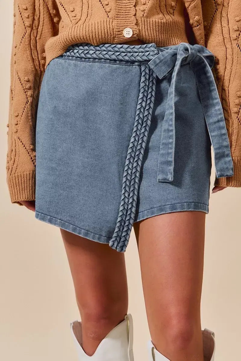 SO ME Wrap Braided Trimmed Denim Skort - Trendsi - Flyclothing LLC