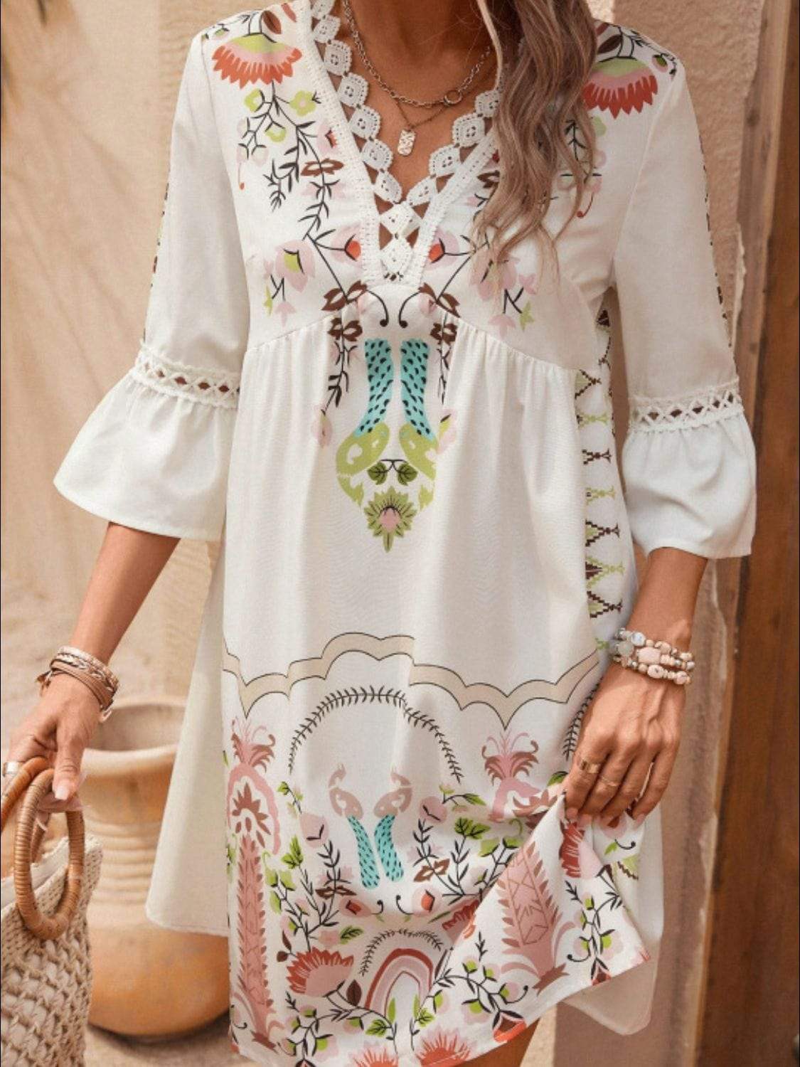 Lace Detail Printed Three-Quarter Sleeve Dress - Trendsi - Flyclothing LLC