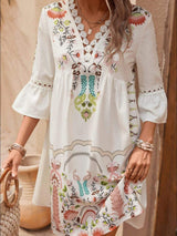 Lace Detail Printed Three-Quarter Sleeve Dress - Trendsi - Flyclothing LLC