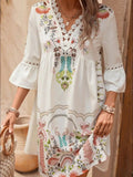 Lace Detail Printed Three-Quarter Sleeve Dress - Trendsi