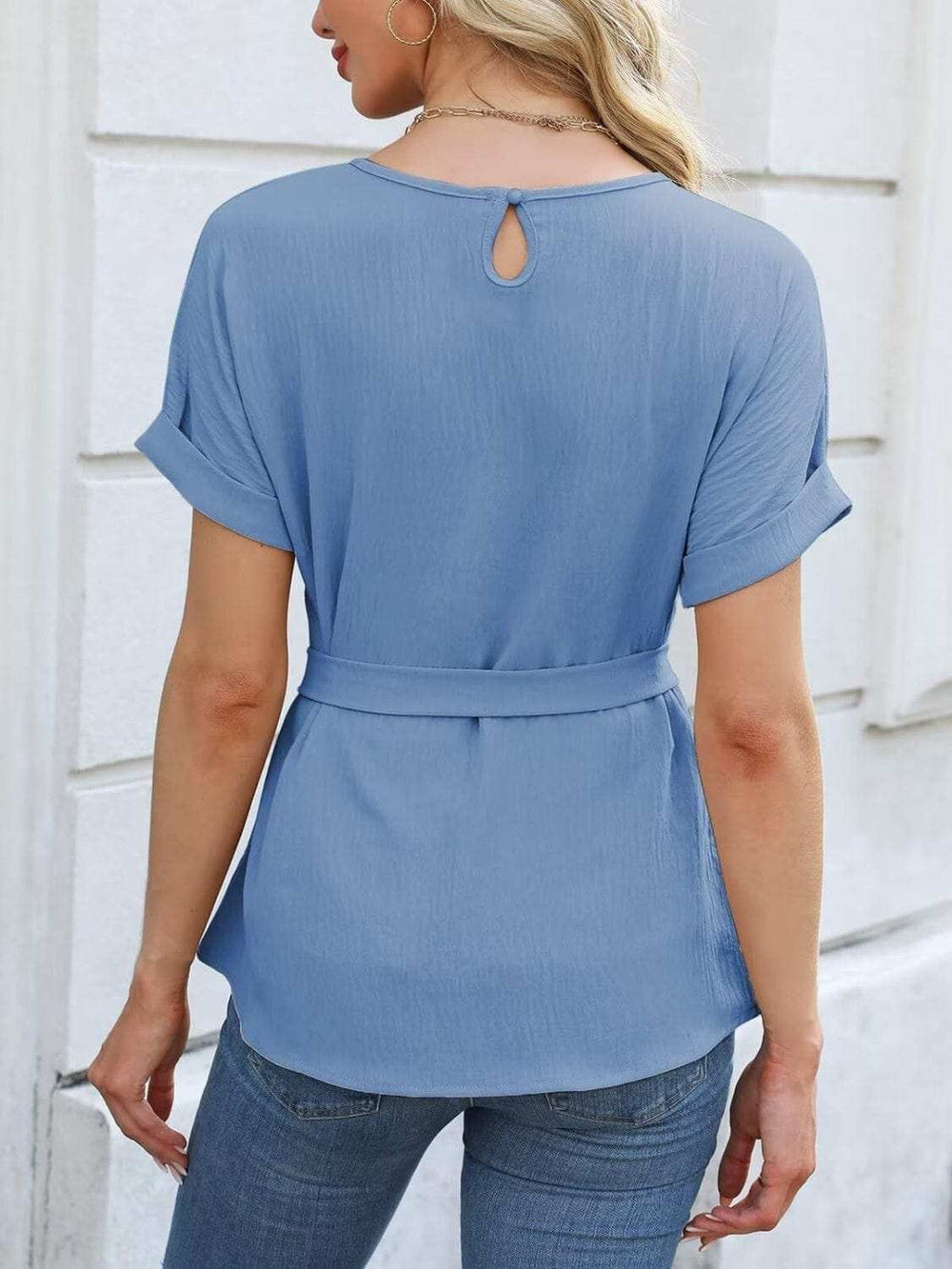 Tied Pleated Round Neck Short Sleeve Top - Trendsi - Flyclothing LLC