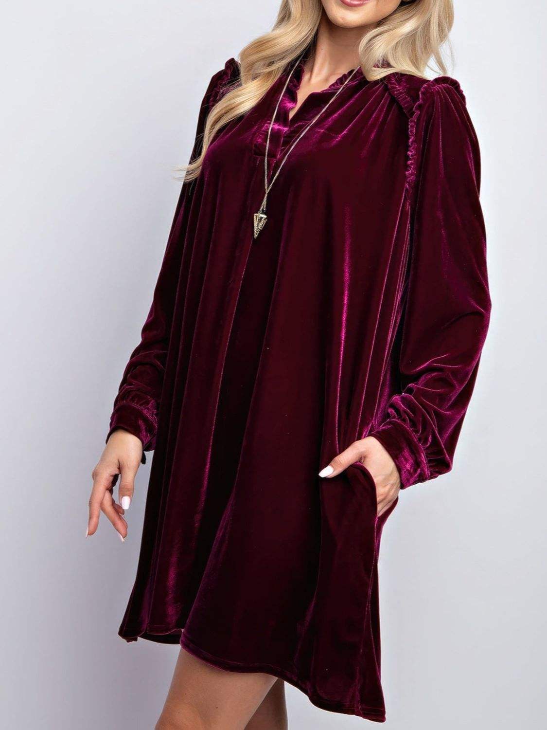 Frill Notched Long Sleeve Dress with Pockets - Trendsi - Flyclothing LLC