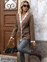 Lace Detail Button Up Blazer - Trendsi - Flyclothing LLC