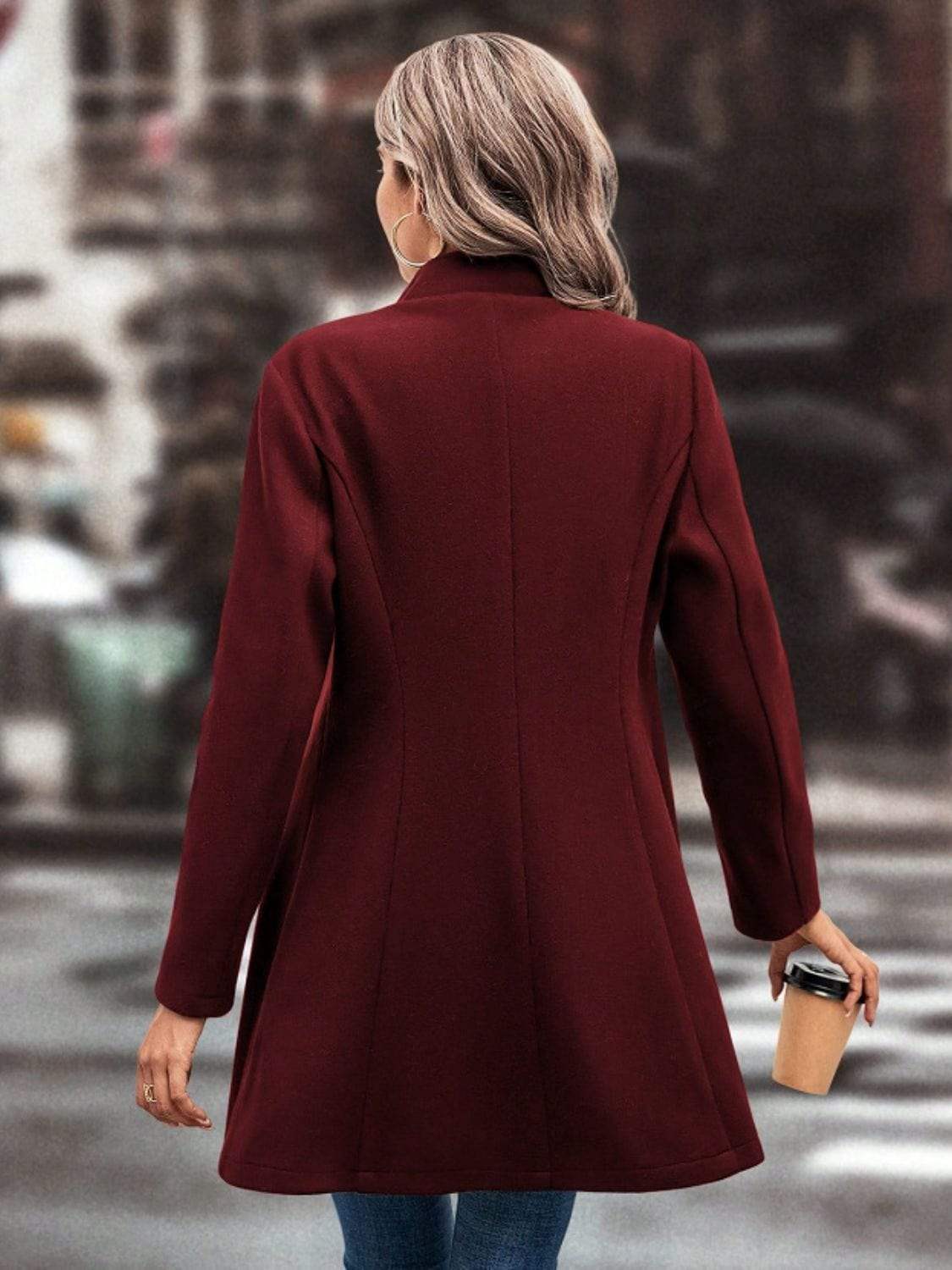 Collared Neck Button Up Long Sleeve Coat - Trendsi - Flyclothing LLC