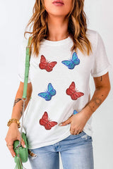 Sequin Butterfly Round Neck Short Sleeve T-Shirt - Trendsi - Flyclothing LLC