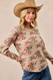 BiBi Floral Print Washed Waffle Thermal Top with Thumb - Trendsi - Flyclothing LLC