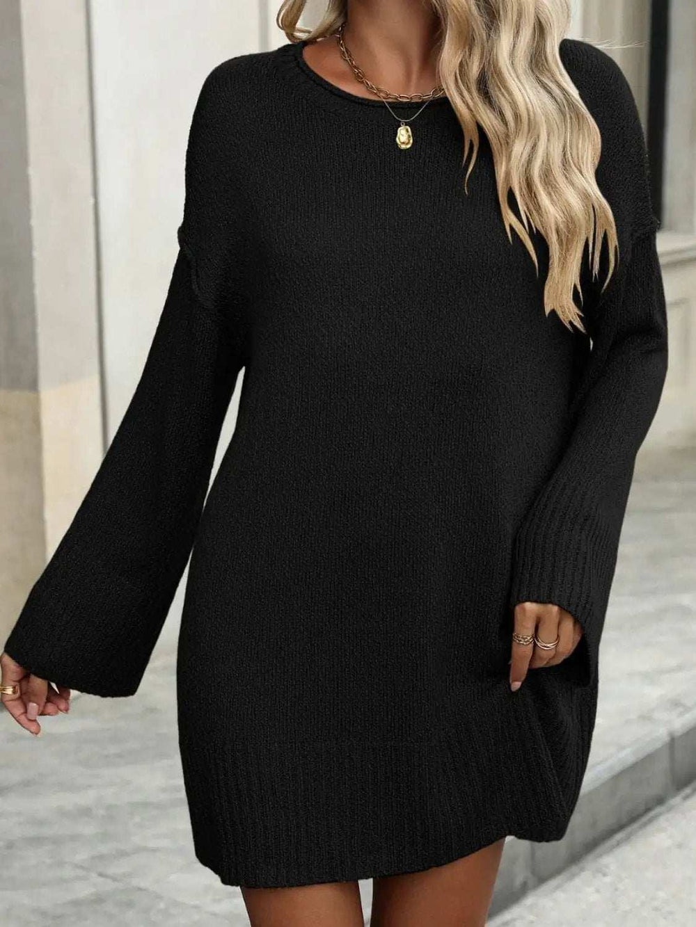 Round Neck Dropped Shoulder Sweater - Trendsi - Flyclothing LLC