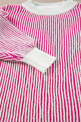 Striped Textured Knit Contrast Edge Loose Sweater - Trendsi - Flyclothing LLC