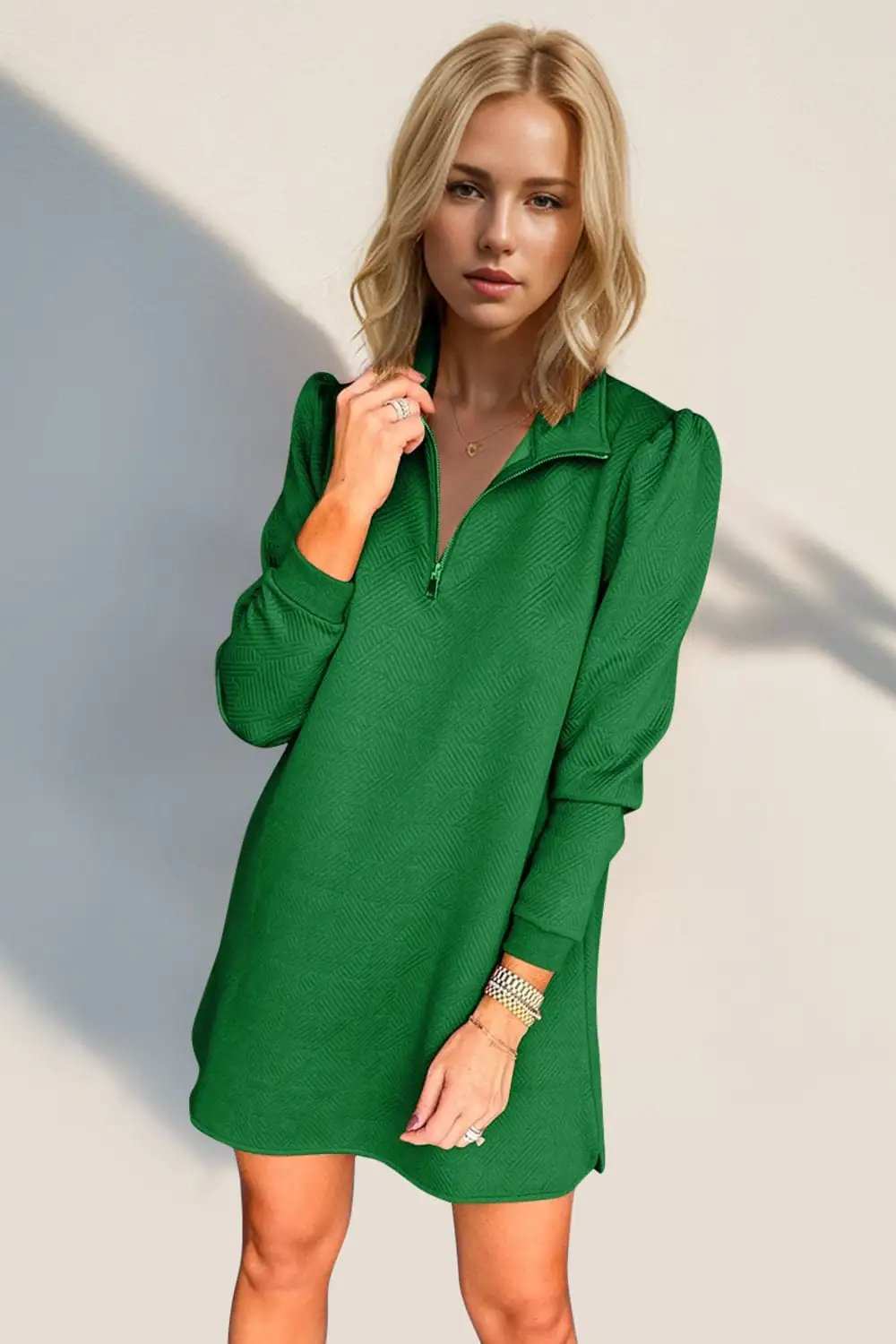 Double Take Textured Quarter Zip Long Sleeve Dress - Trendsi - Flyclothing LLC