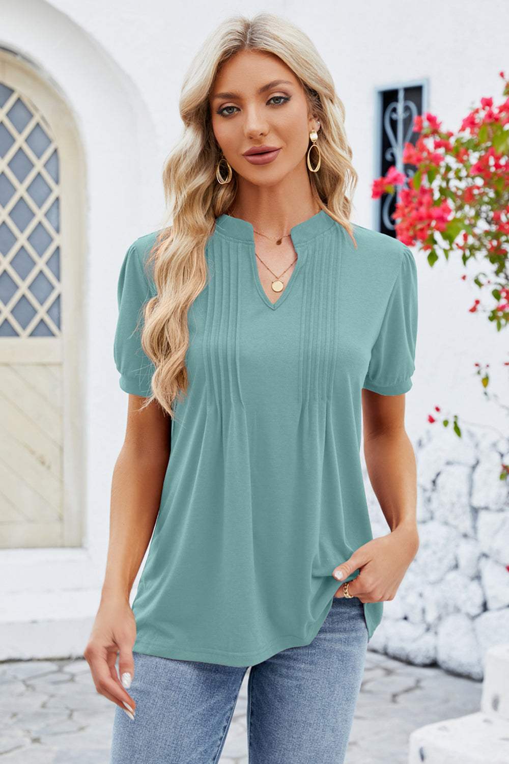 Notched Short Sleeve T-Shirt - Trendsi - Flyclothing LLC