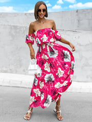 Pleated Floral Off-Shoulder Short Sleeve Midi Dress - Trendsi