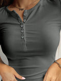 Round Neck Quarter Button Short Sleeve Top - Trendsi