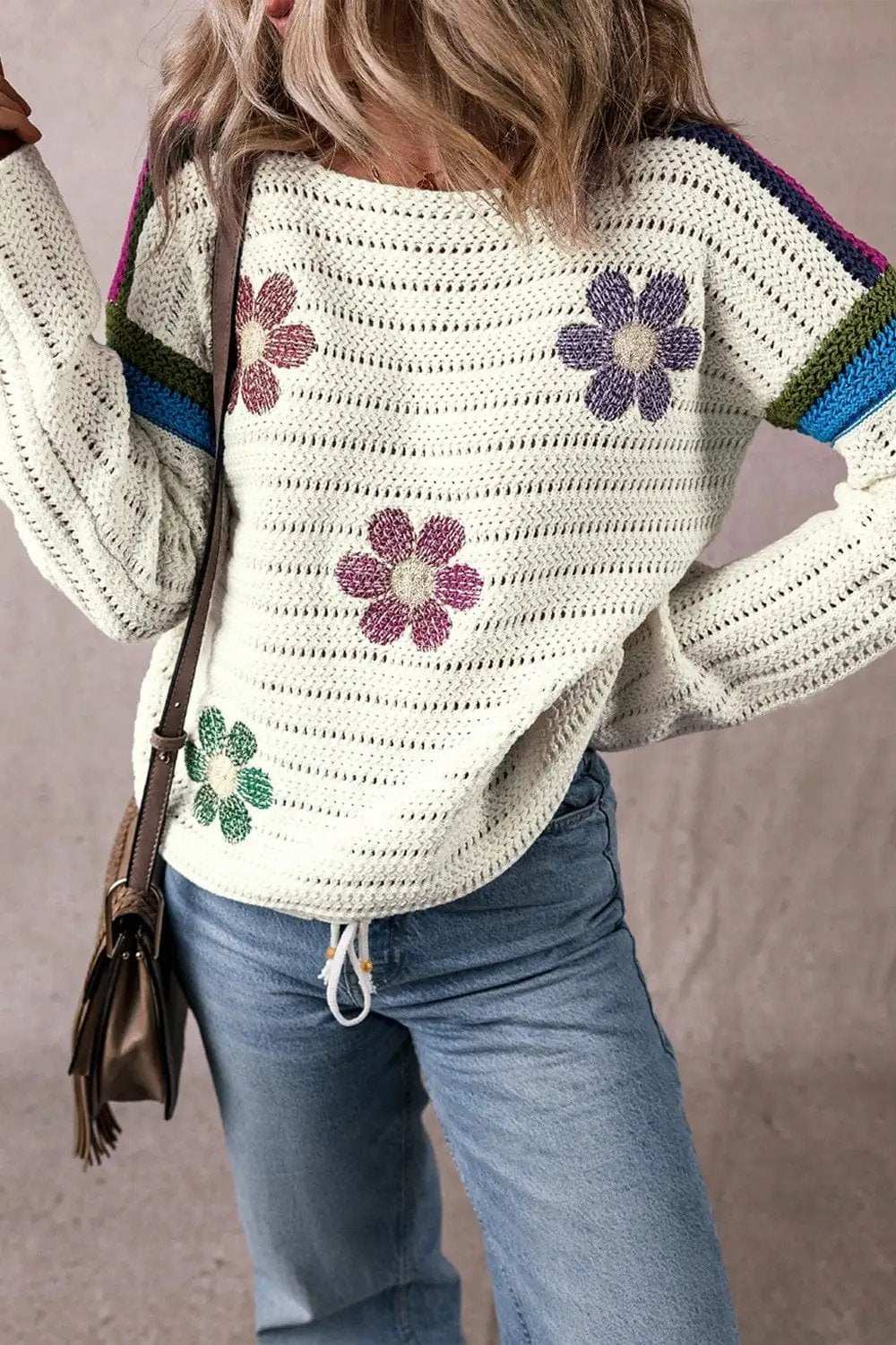 Flower Round Neck Long Sleeve Sweater - Trendsi - Flyclothing LLC