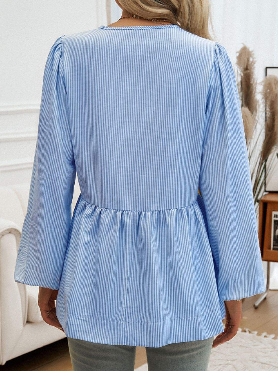 Devine Tied Striped Long Sleeve Blouse - Trendsi - Flyclothing LLC