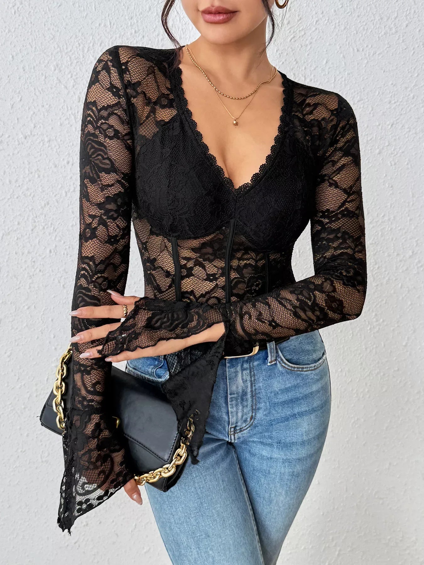 Lace Long Sleeve Bodysuit - Trendsi - Flyclothing LLC