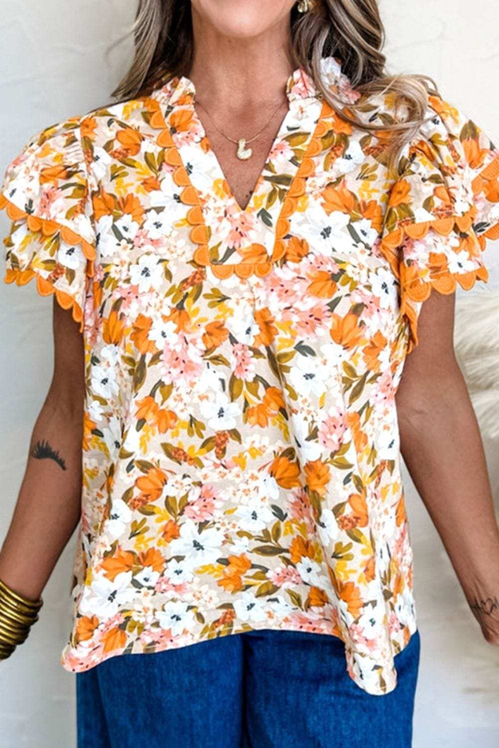 Ruffled Notched Short Sleeve Floral Blouse - Trendsi - Flyclothing LLC