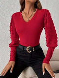 Swiss Dot V-Neck Long Sleeve Top - Trendsi - Flyclothing LLC