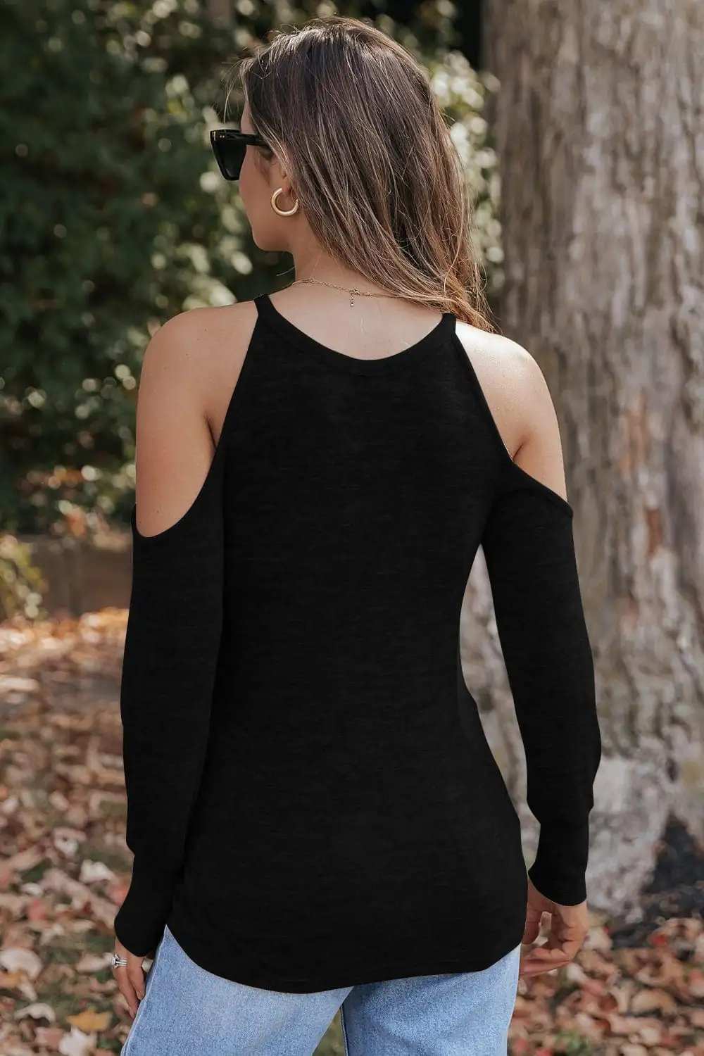 Round Neck Cold Shoulder Long Sleeve Top - Trendsi - Flyclothing LLC
