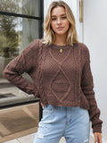 Cable-Knit Round Neck Dropped Shoulder Sweater - Trendsi