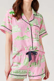 Collared Neck Printed Top and Drawstring Shorts Lounge Set - Trendsi - Flyclothing LLC