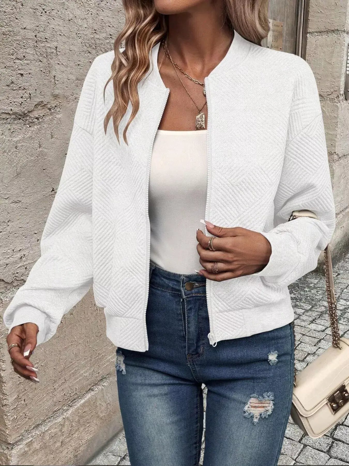 Texture Zip-Up Bomber Jacket - Trendsi - Flyclothing LLC