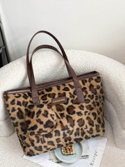 Leopard Faux Fur Tote Bag with Coin Purse - Trendsi