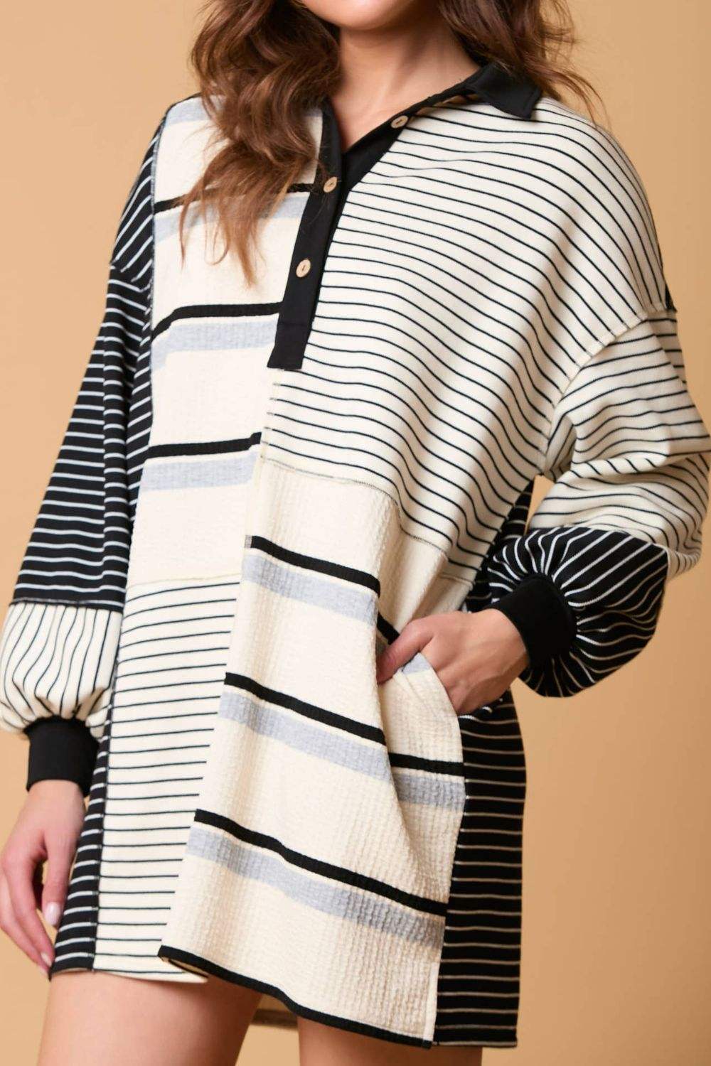 Striped Patchwork Long Sleeve Mini Dress - Trendsi - Flyclothing LLC