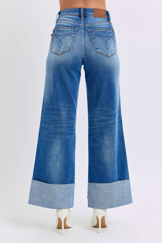 Judy Blue Full Size Distressed High Waist Wide Leg Jeans - Trendsi - Flyclothing LLC