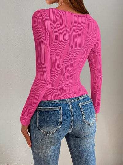 Textured Round Neck Long Sleeve Top - Trendsi - Flyclothing LLC