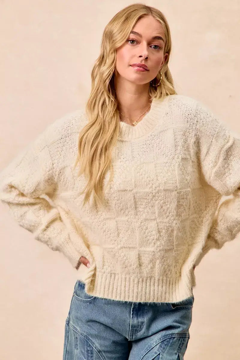 BiBi Checker Board Drop Shoulder Sweater - Trendsi - Flyclothing LLC