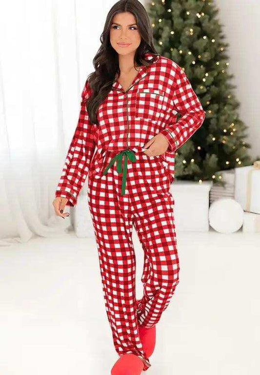 Plaid Collared Neck Long Sleeve Top and Pants Set - Trendsi - Flyclothing LLC