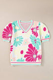 Flower V-Neck Puff Sleeve Sweater - Trendsi - Flyclothing LLC