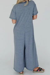 Placket Chest Pockets Short Sleeve Wide Leg Jumpsuit - Trendsi - Flyclothing LLC