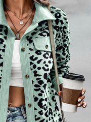 Full Size Leopard Collared Neck Button Up Long Sleeve Jacket - Trendsi