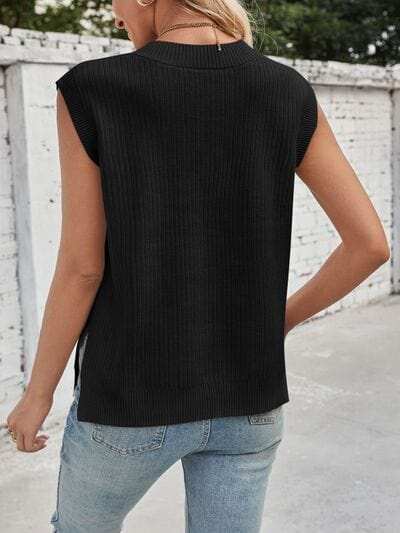 Lovelet Ribbed Slit V-Neck Sweater Vest - Trendsi - Flyclothing LLC