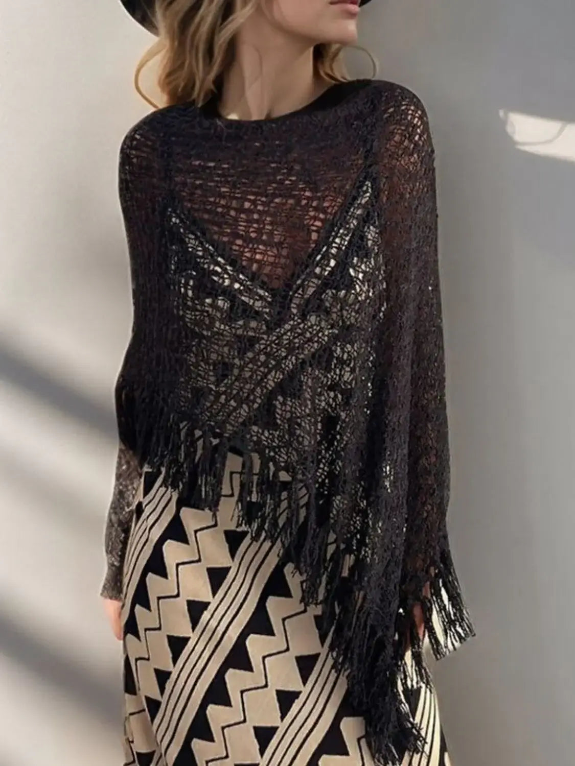 Tassel Boat Neck Knit Shawl - Trendsi - Flyclothing LLC