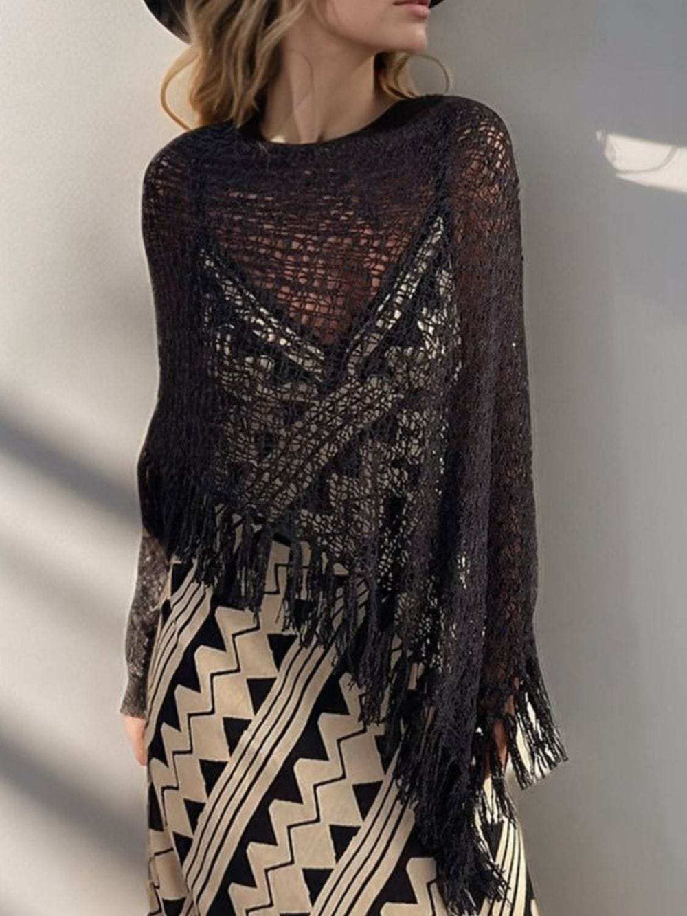 Tassel Boat Neck Knit Shawl - Trendsi - Flyclothing LLC