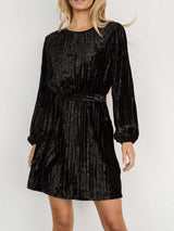Velvet Round Neck Tie Waist Long Sleeve Mini Dress - Trendsi - Flyclothing LLC