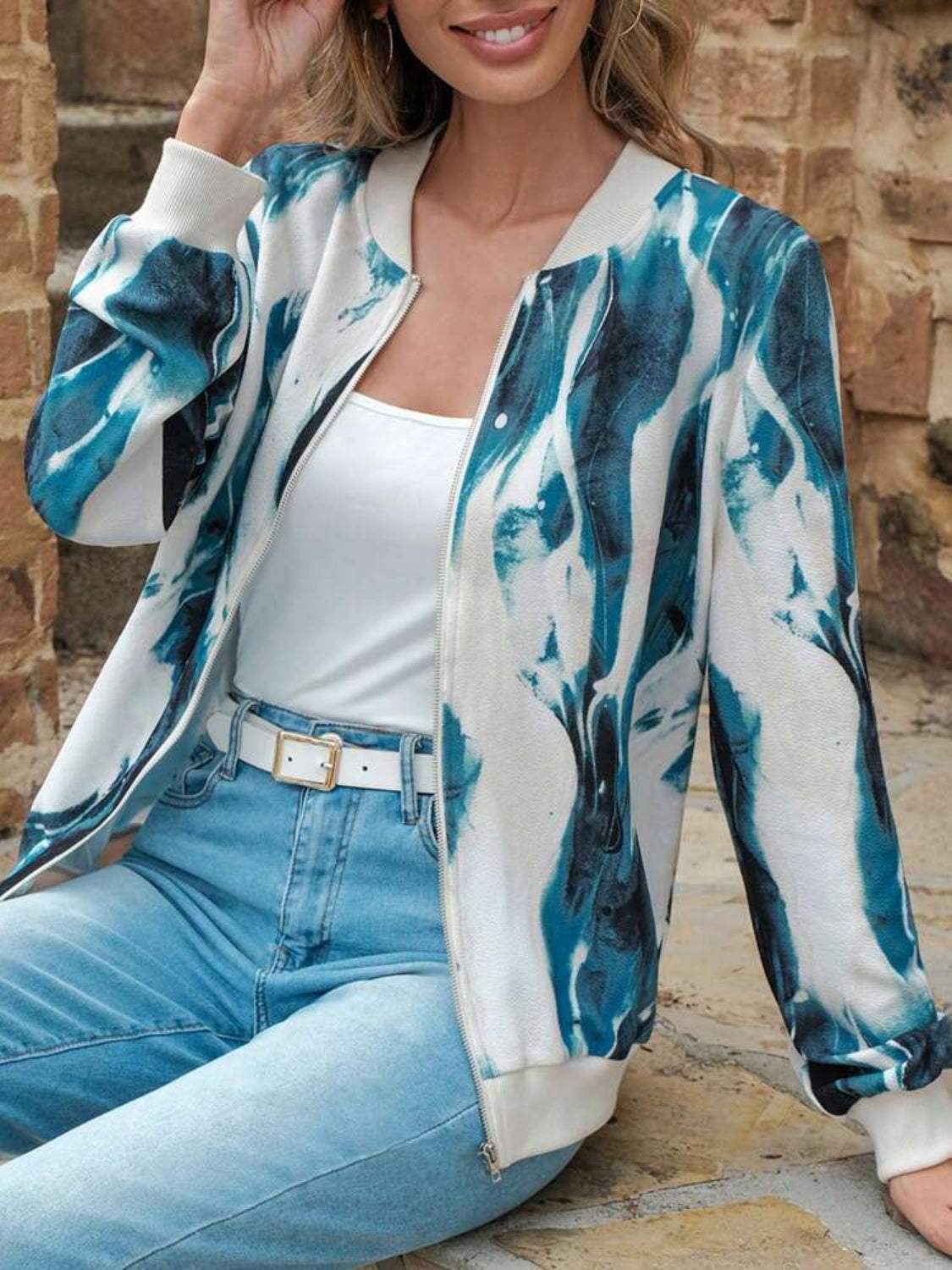 Printed Baseball Collar Zip Up Jacket - Trendsi - Flyclothing LLC