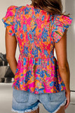 Smocked Printed V-Neck Cap Sleeve Blouse - Trendsi