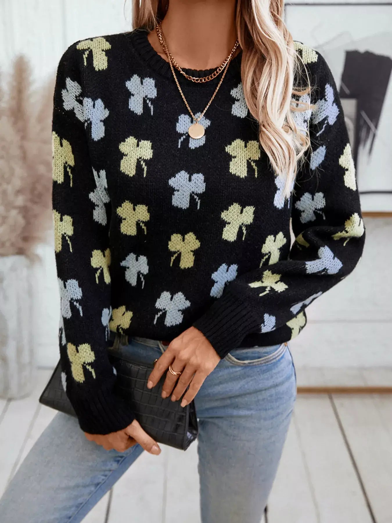 Clover Round Neck Long Sleeve Sweater - Trendsi - Flyclothing LLC