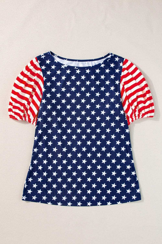 Stars and Stripes Round Neck Short Sleeve Top - Trendsi - Flyclothing LLC