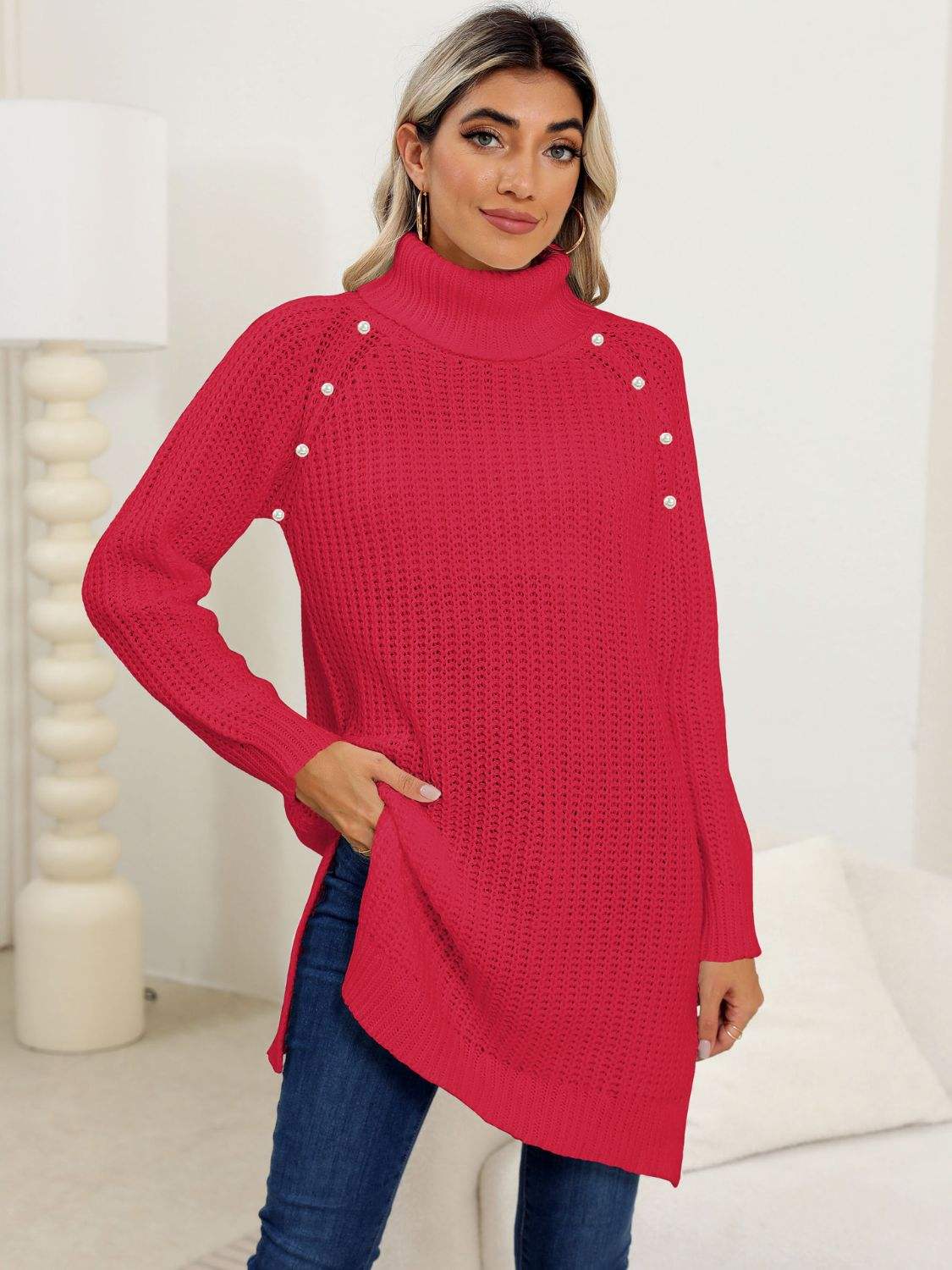 Slit Turtleneck Long Sleeve Sweater - Trendsi - Flyclothing LLC