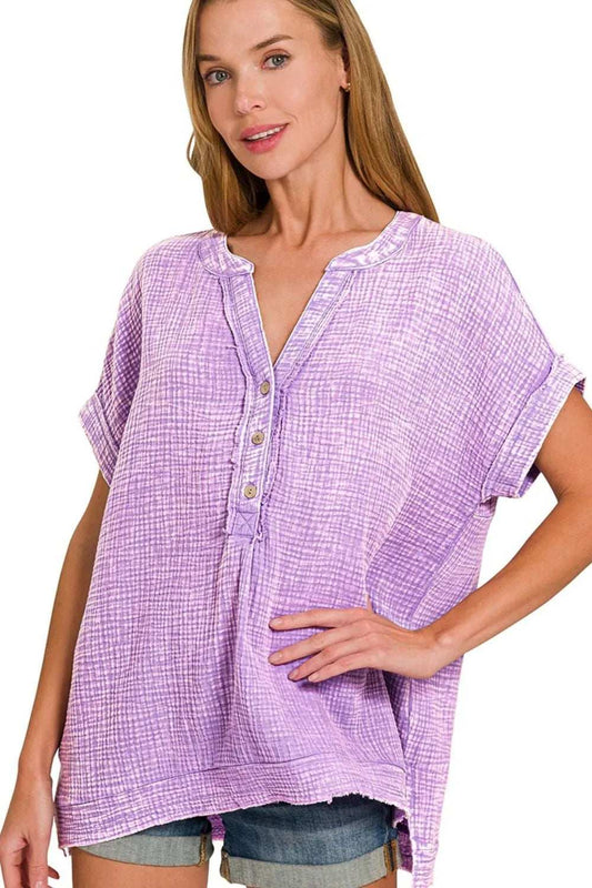 Zenana Washed Double Gauze 3/4 Button Henley Neck Shirt - Trendsi - Flyclothing LLC