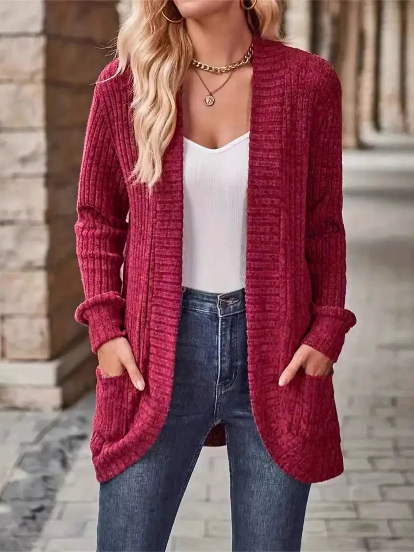 Ribbed Open Front Long Cardigan with Pockets - Trendsi - Flyclothing LLC