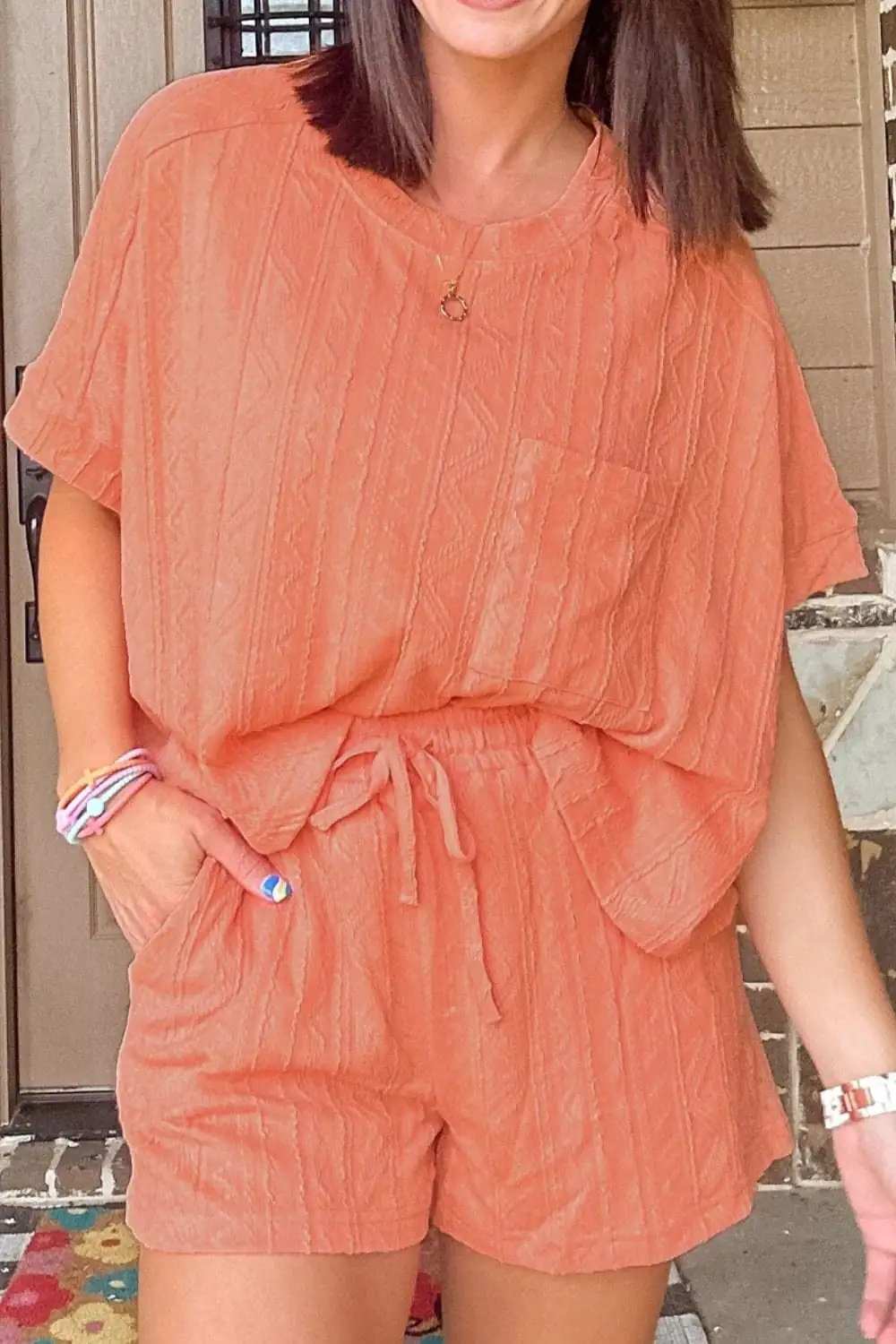 Texture Short Sleeve Top and Shorts Set - Trendsi - Flyclothing LLC