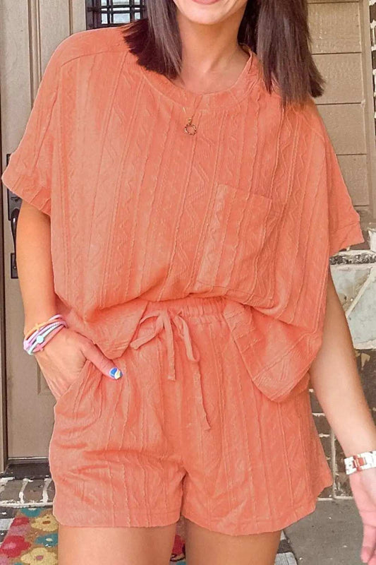 Texture Short Sleeve Top and Shorts Set - Trendsi - Flyclothing LLC