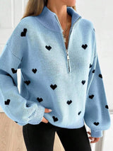 Full Size Heart Half-Zip Long Sleeve Sweater Plus Size - Trendsi - Flyclothing LLC