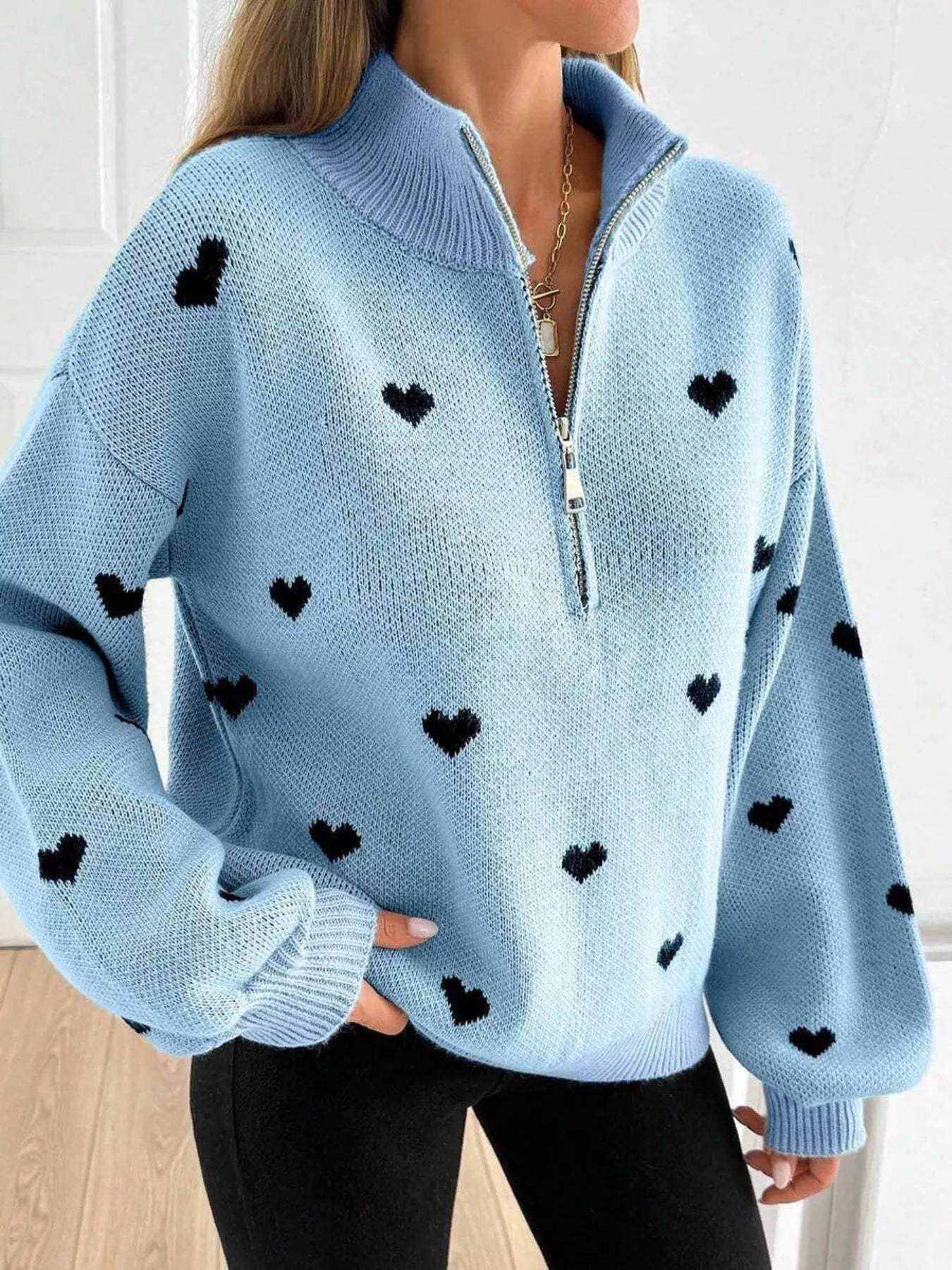 Full Size Heart Half-Zip Long Sleeve Sweater Plus Size - Trendsi - Flyclothing LLC